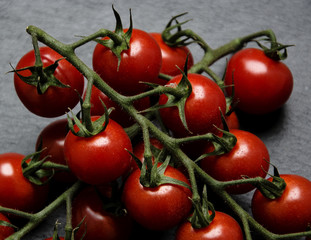 Ripe cherry tomatoes on the vine. On slate background