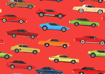 Cartoon muscle cars. Seamless pattern background. Flat vector.