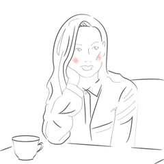 Silhouette of a girl in a cafe with a cup of coffee
