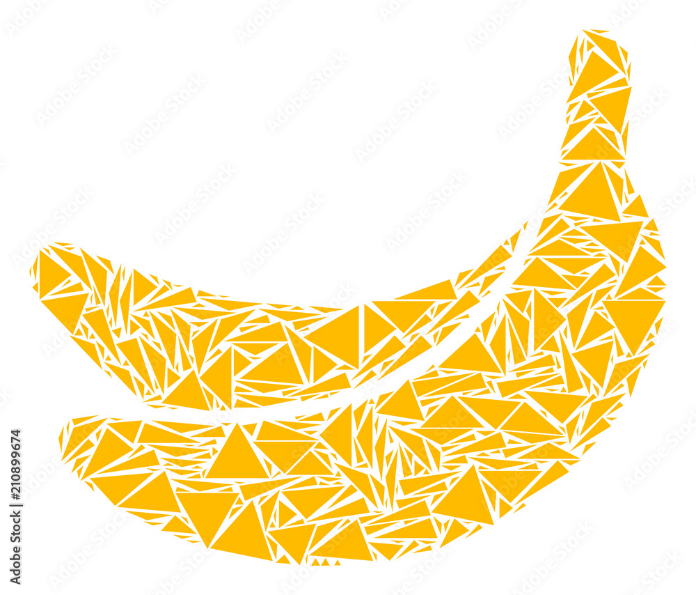 Poster banana collage of triangle items in various sizes and shapes. vector polygons are combined into bana