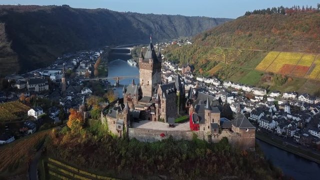 Autumn flight around Cochem castle, Mosel valley, Germany