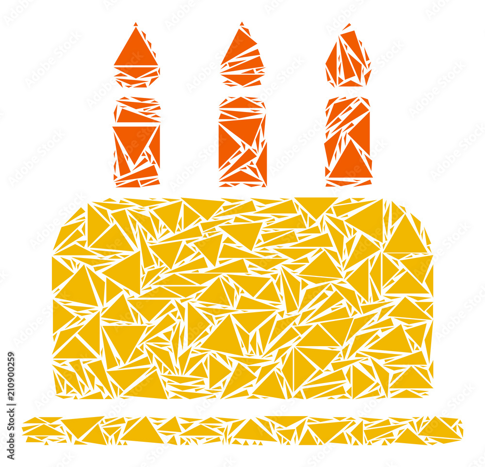 Poster birthday cake mosaic of triangle elements in various sizes and shapes. vector triangles are organize