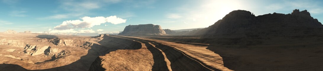 Panorama of the canyon. Sunset over the canyon. Canyon landscape.
3D rendering