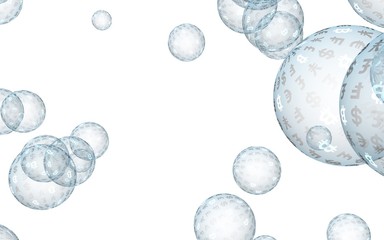 Bitcoin economic financial bubble. Cryptocurrency 3D illustration. Business concept. Bue bubbles on a white background