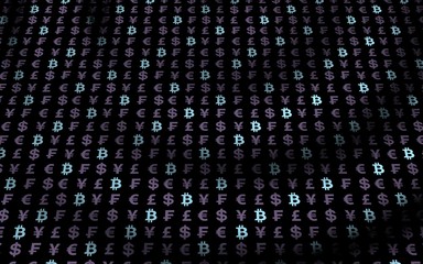 Bitcoin and currency on a dark background. Digital Cryptocurrency symbol. Wave effect, currency market fluctuations. Business concept. 3D illustration