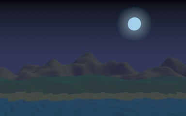 Moon Sea Beach. Midnight. Ocean shore line with waves on a beach. Island beach paradise with waves. Vacation, summer, relaxation. Seascape, seashore. Minimalist landscape, primitivism. 3D illustration