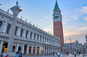 Fototapeta na wymiar St. Mark's Square with Campanile at Sunset in Venice in Italy