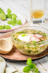 Cold summer soup of okroshka from vegetables