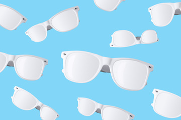 White sunglasses pattern on pastel blue background. Minimal summer concept. Flat lay.