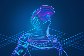 Man wearing virtual reality glasses. Abstract vr world with neon lines. Vector illustration