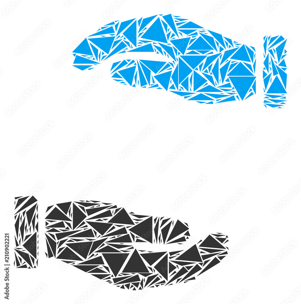 Poster care hands collage of triangle items in various sizes and shapes. vector triangles are arranged into
