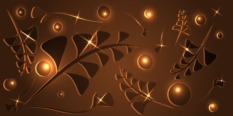 Vector pattern of chocolate plants and blades of grass on a dark