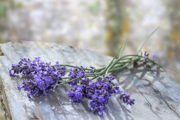 Lavender flowers, bouquet, overhead on grey rustic table , over a blury wall