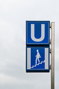 Munich, Germany - June 9, 2018 : A large U- Bahn subway sign in Munich, Germany. About 350 million passengers ride the U-Bahn every year.