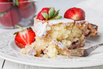 Delicious cheesecake with berries on table close up