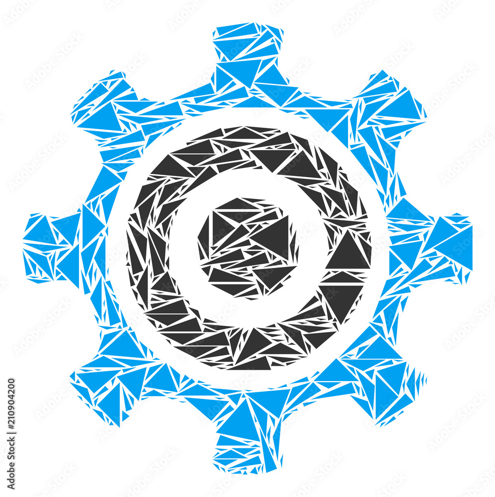 Poster cogwheel mosaic of triangle items in different sizes and shapes. vector triangles are united into co