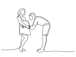 Continuous line drawing. Happy pregnant woman walking with her husband, silhouette picture. Vector illustration