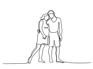 Continuous line drawing. Happy pregnant woman walking with her husband, silhouette picture. Vector illustration
