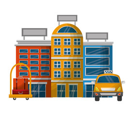 taxi car service with hotels and cart hotel isolated icon