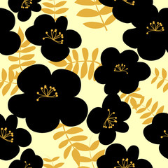 Vector drawn black flowers seamless pattern on light background. Fabric, package design idea.