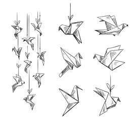 set of origami birds, vector sketch