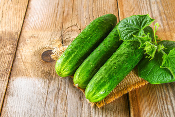 Fresh cucumbers with a leaf on an old wooden table.