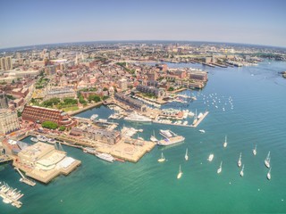 Fototapeta premium Boston, Massachusetts Skyline from above by Drone during Summer Time