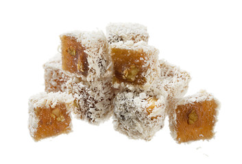 Heap of traditional Turkish delight isolated on white background.    