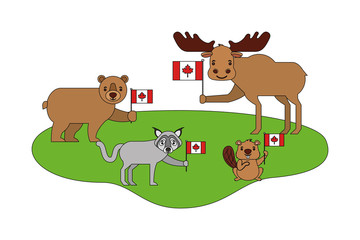 wild bear grizzly and animals with flags canadian