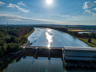 Aerial view of a hydro electric power plant at danube river