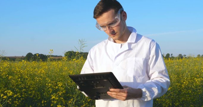 A young handsome biologist or agronomist, works in a tablet, checks yellow plants in white medical clothes, goggles, smiles, successful, field of canola, bio, biology, tests, expert.