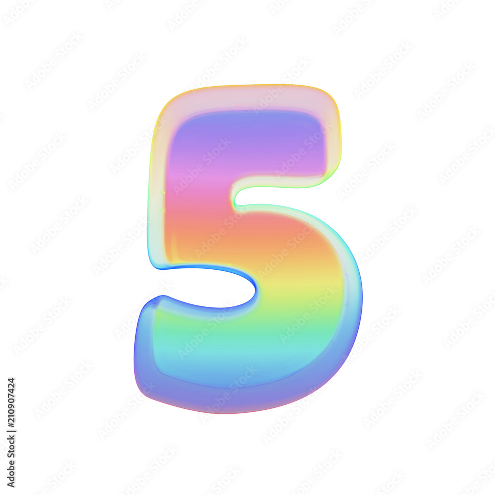 Poster alphabet number 5. rainbow font made of bright soap bubble. 3d render isolated on white background.