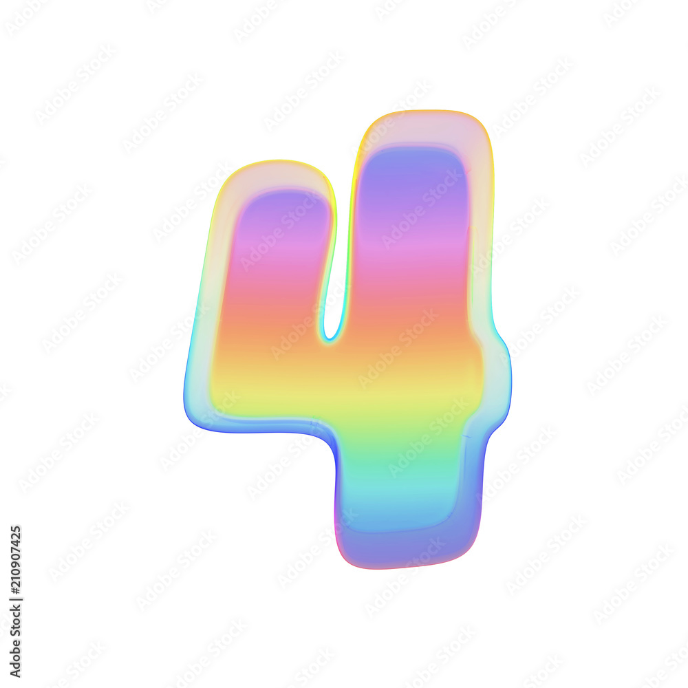 Fototapete alphabet number 4. rainbow font made of bright soap bubble. 3d render isolated on white background.
