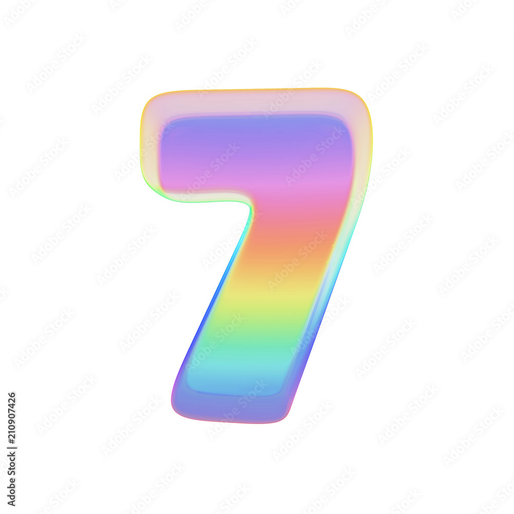 Poster alphabet number 7. rainbow font made of bright soap bubble. 3d render isolated on white background.