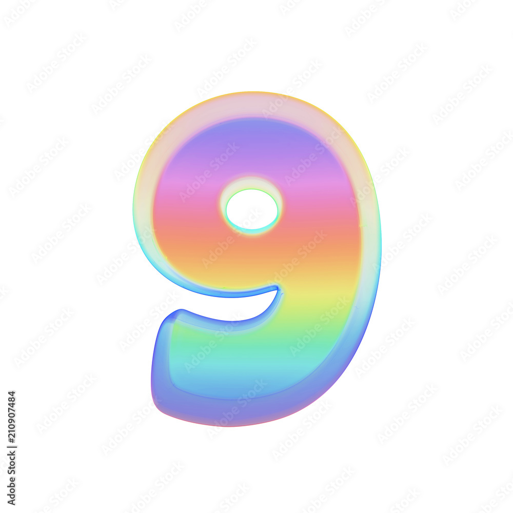 Poster alphabet number 9. rainbow font made of bright soap bubble. 3d render isolated on white background.