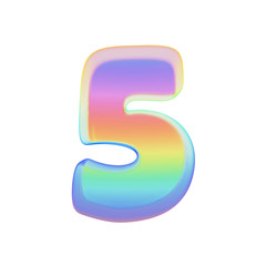 Alphabet number 5. Rainbow font made of bright soap bubble. 3D render isolated on white background.