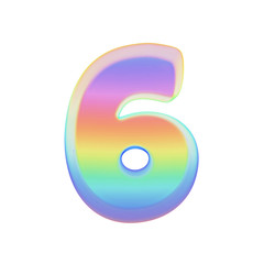 Alphabet number 6. Rainbow font made of bright soap bubble. 3D render isolated on white background.
