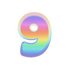 Alphabet number 9. Rainbow font made of bright soap bubble. 3D render isolated on white background.