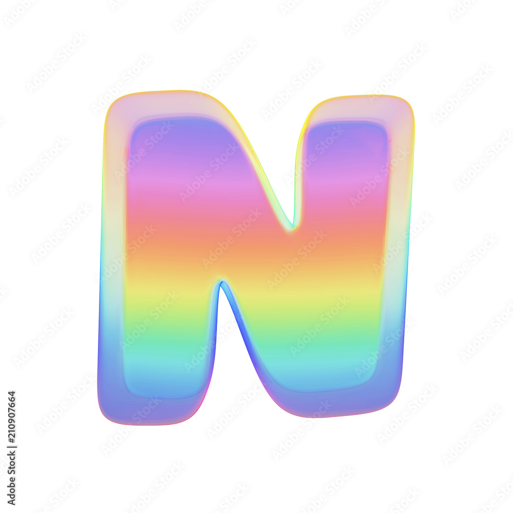 Fototapete alphabet letter n uppercase. rainbow font made of bright soap bubble. 3d render isolated on white ba