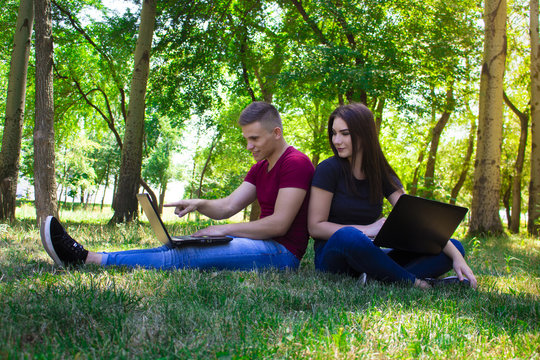 The guy and the girl work in laptops on the nature.