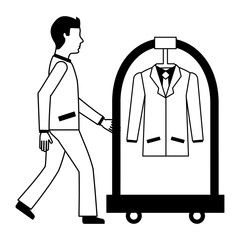 businessman with cart hotel and clothes hanging isolated icon