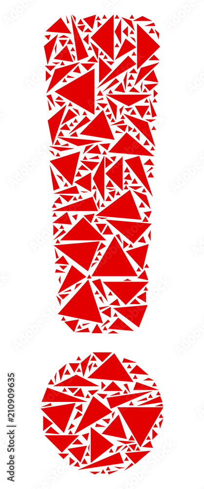 Poster exclamation sign collage of triangle items in different sizes and shapes. vector triangles are compo