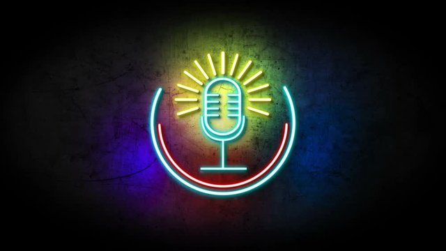 Karaoke neon sign turning on and flickering on grunge urban wall with copy space, Microphone neon sign loop full hd and 4k. party neon light sign blinking at the night. Music and singing concept