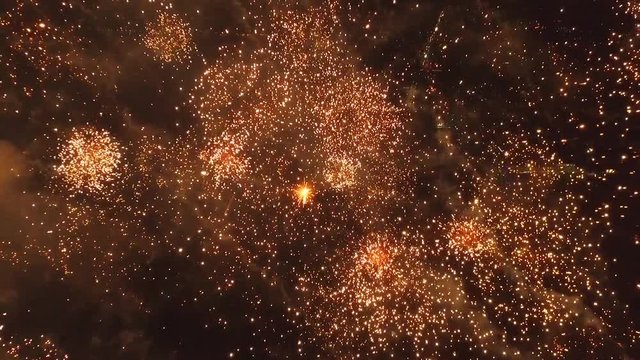 Bright firework explosion in the night sky. Fireworks salute with the black sky background. New years fireworks. Celebrating the Independence Day. Colorful burst of fireworks.