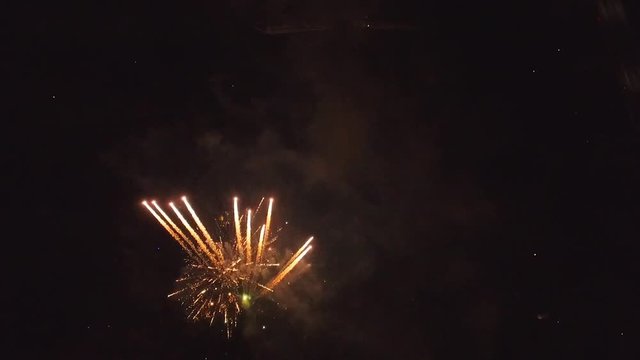 Bright firework explosion in the night sky. Fireworks salute with the black sky background. New years fireworks. Celebrating the Independence Day. Colorful burst of fireworks.
