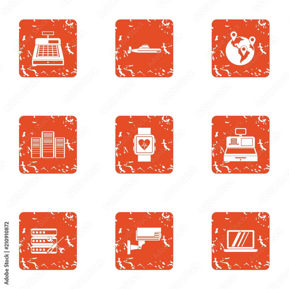 Poster cash register icons set. grunge set of 9 cash register vector icons for web isolated on white backgr