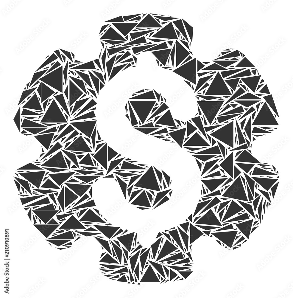 Poster financial settings gear mosaic of triangle items in various sizes and shapes. vector triangles are g