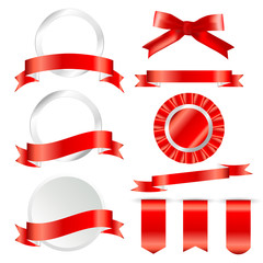 Red Ribbons, flag and labels Set isolated On White Background. Vector Illustration for your design.