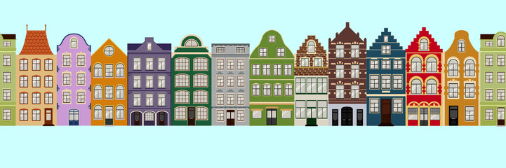Seamless Border of Cute retro houses exterior. Collection of European building facades. Traditional architecture of Belgium and Netherlands