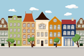Obraz na płótnie Canvas Seamless Border of Cute retro houses exterior. Collection of European building facades. Traditional architecture of Belgium and Netherlands